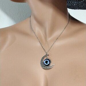 Evil eye necklace crescent moon Charm good Luck Protection fortune Silver tone